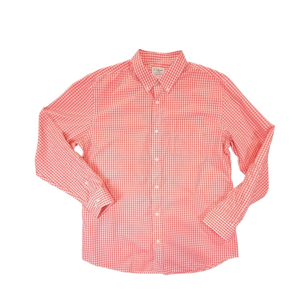 L.L.Bean Button Down Shirt Mens Large Orange Gingham Slightly Fitted Long Sleeve